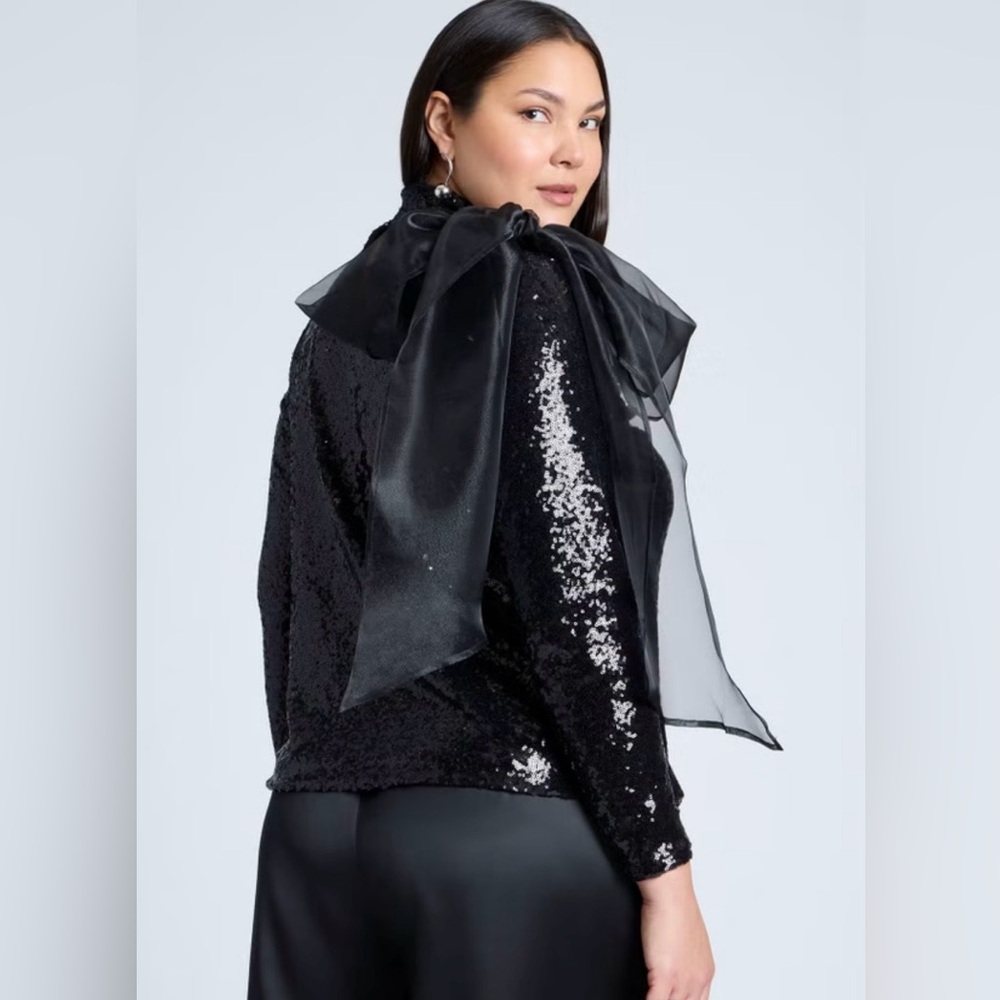 ELOQUII Black Sequin Mock Neck Top w/ Dramatic Bow – NWT – Size 18/20